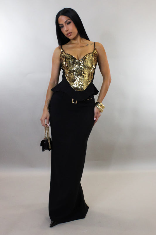 Gold Sequin Peplum Topped Exquisite Skirt Set- Black/Gold