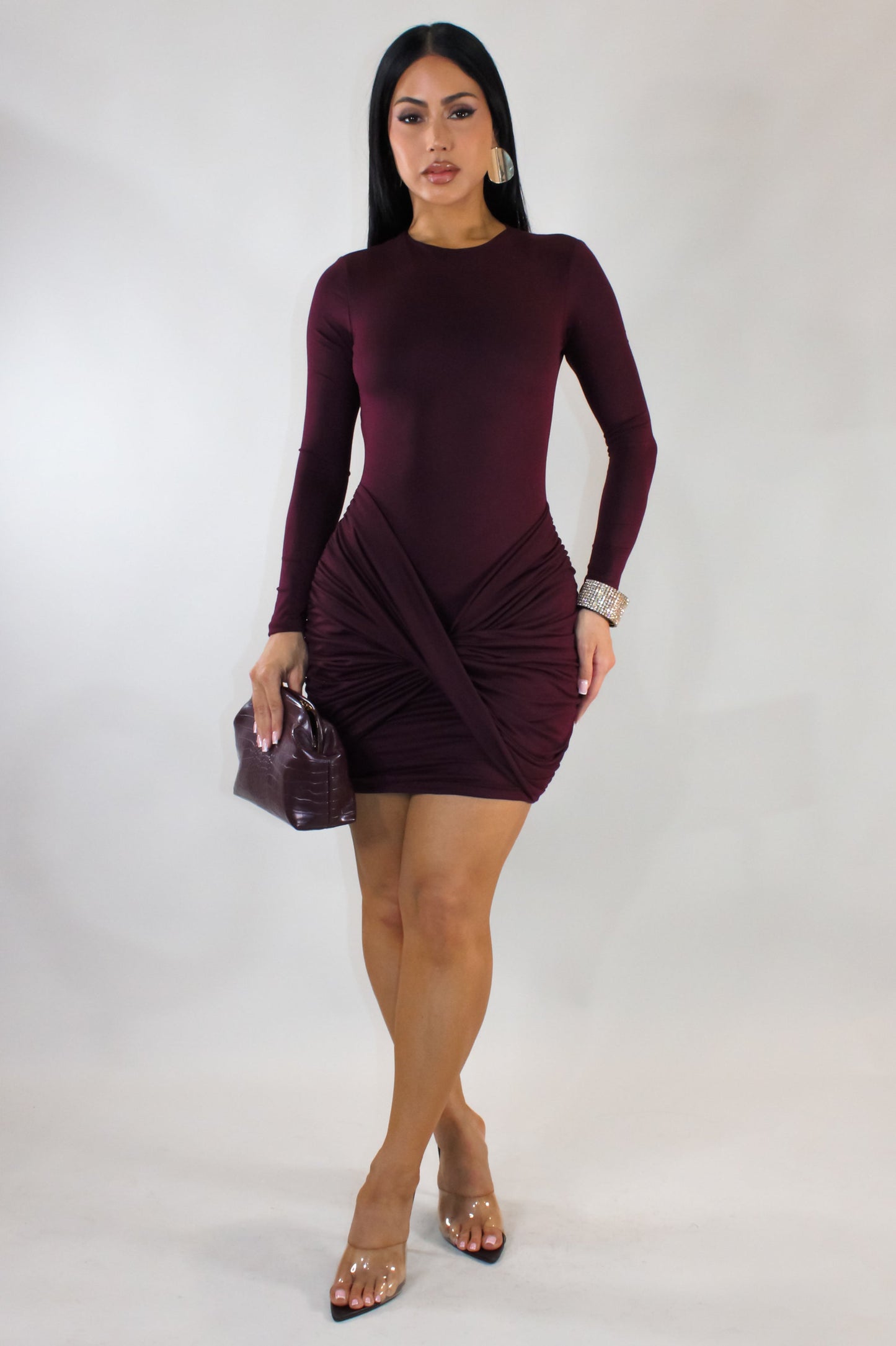 Open Back Front Ruched Mini Dress- Burgundy