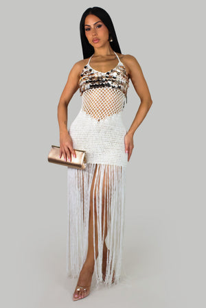 Crochet Fringe Resort Wear/Swimwear Coverup Dress- White