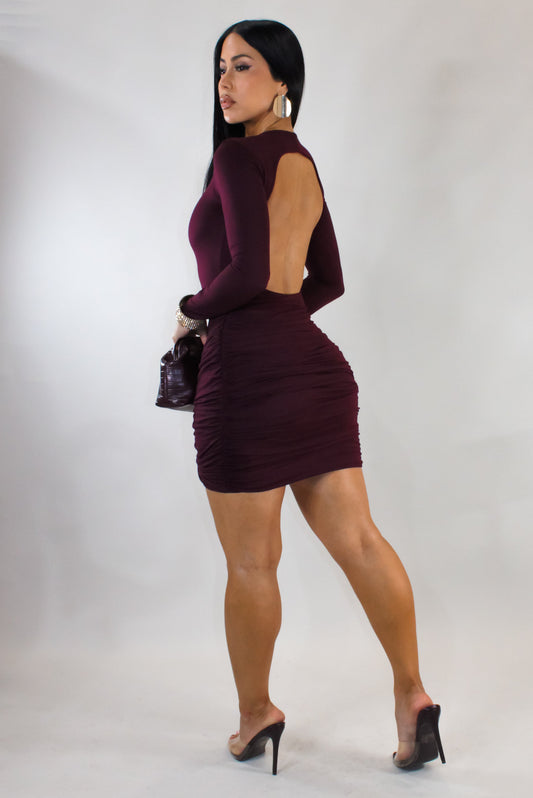 Open Back Front Ruched Mini Dress- Burgundy