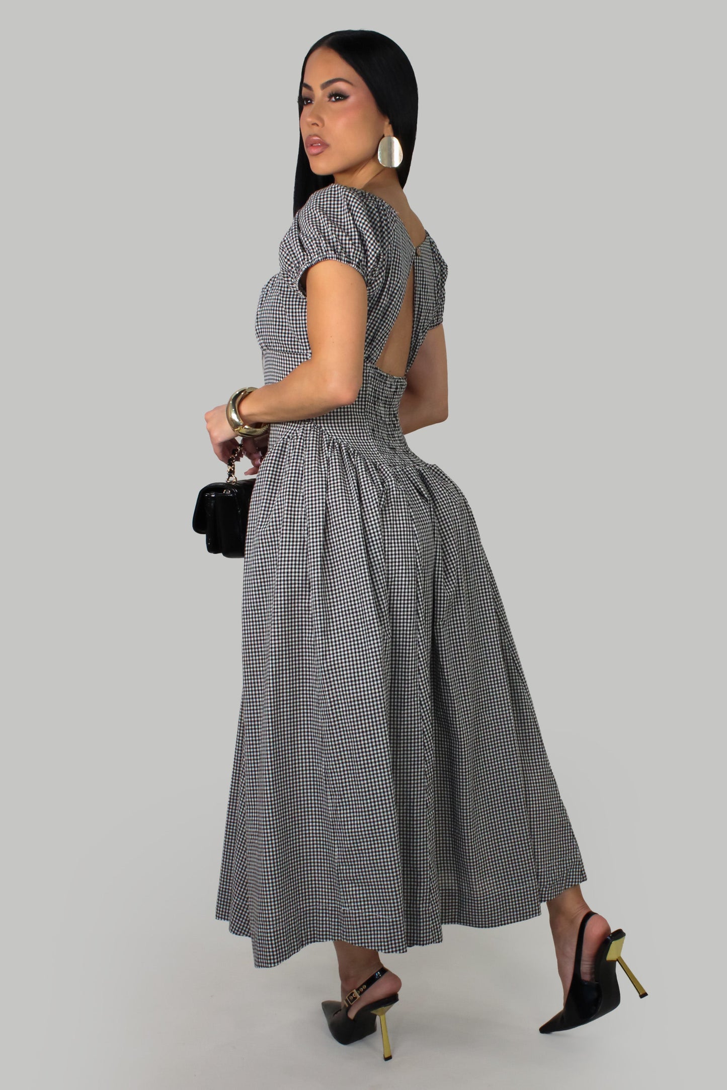 Gingham Midi Dress- Black/White