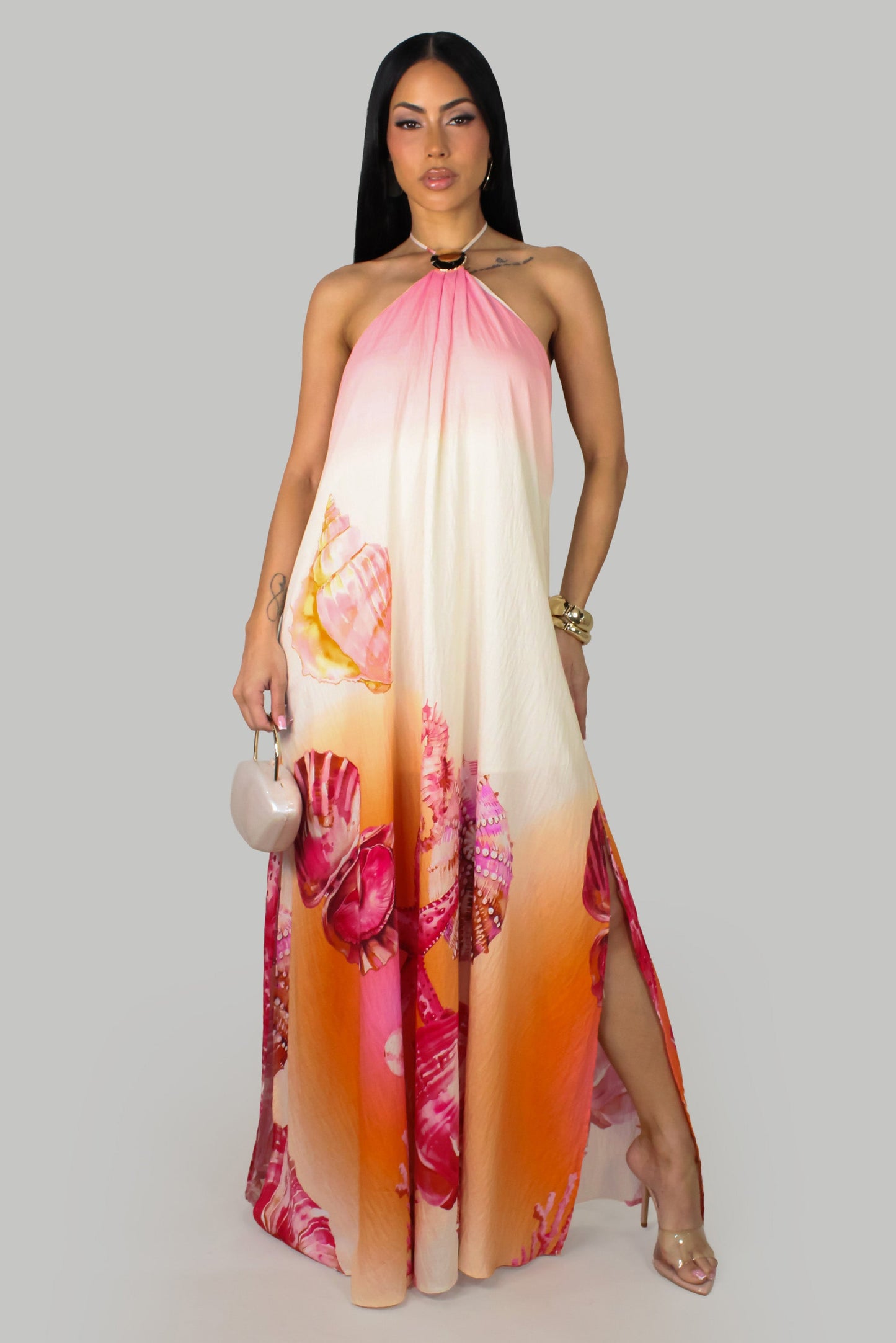 Coastal Romance Open Back Slit Maxi Dress w/ or w/o Clutch- Pink