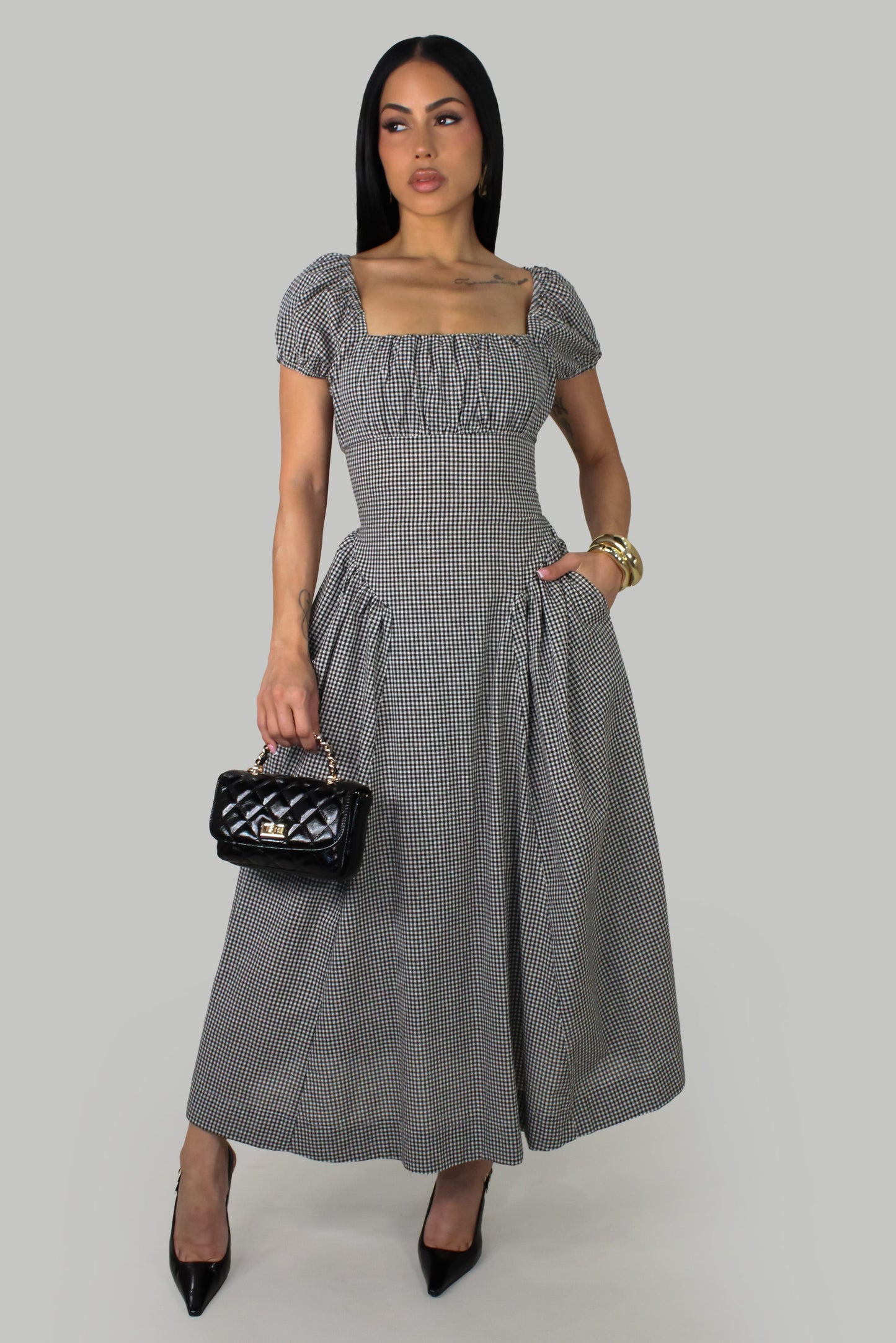 Gingham Midi Dress- Black/White