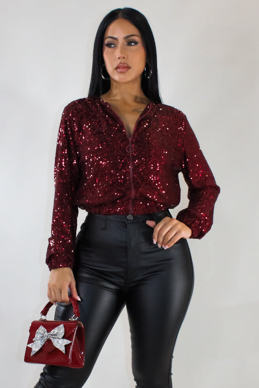 Sequin Zipped Jacket- Burgundy