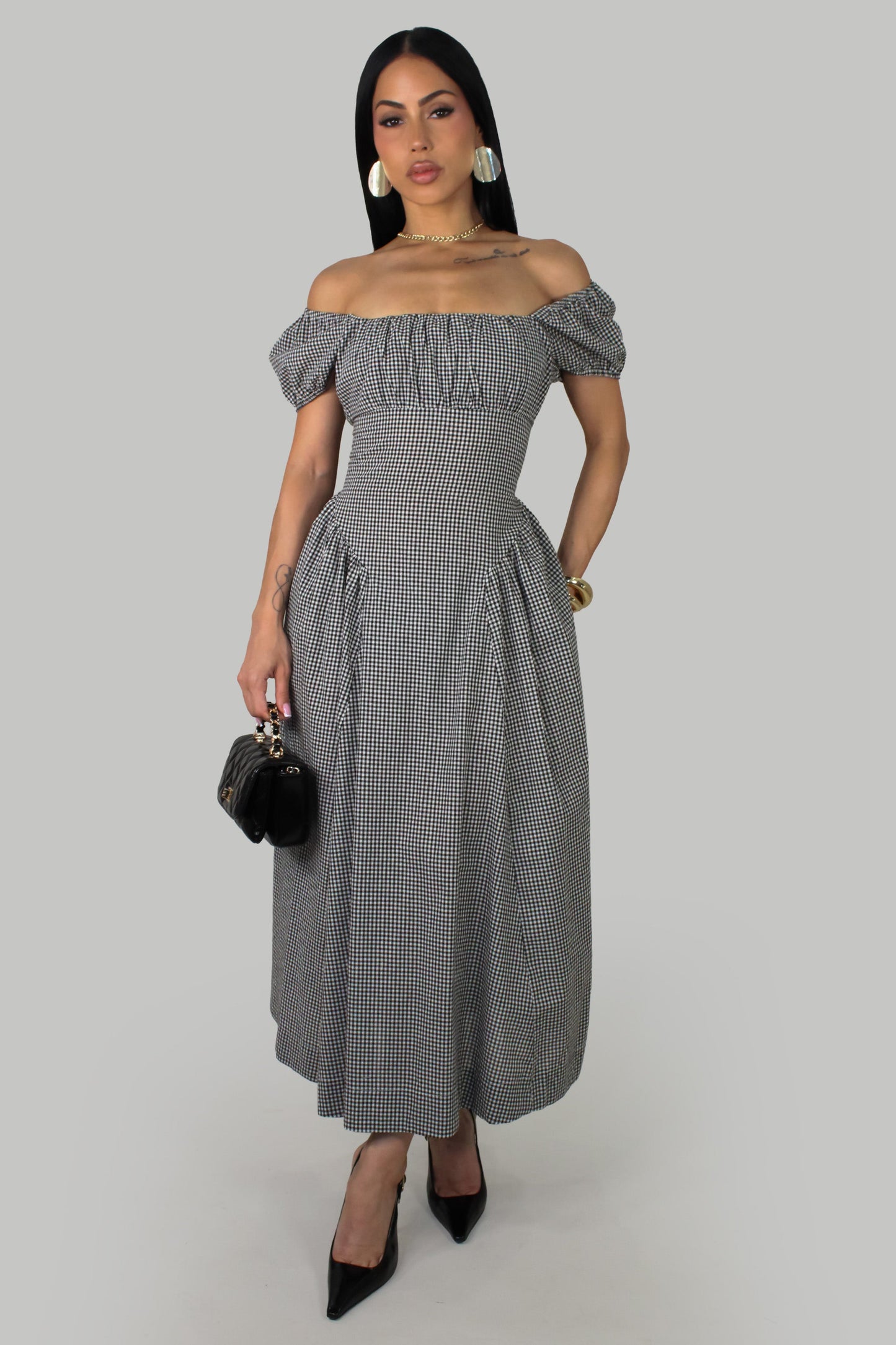 Gingham Midi Dress- Black/White