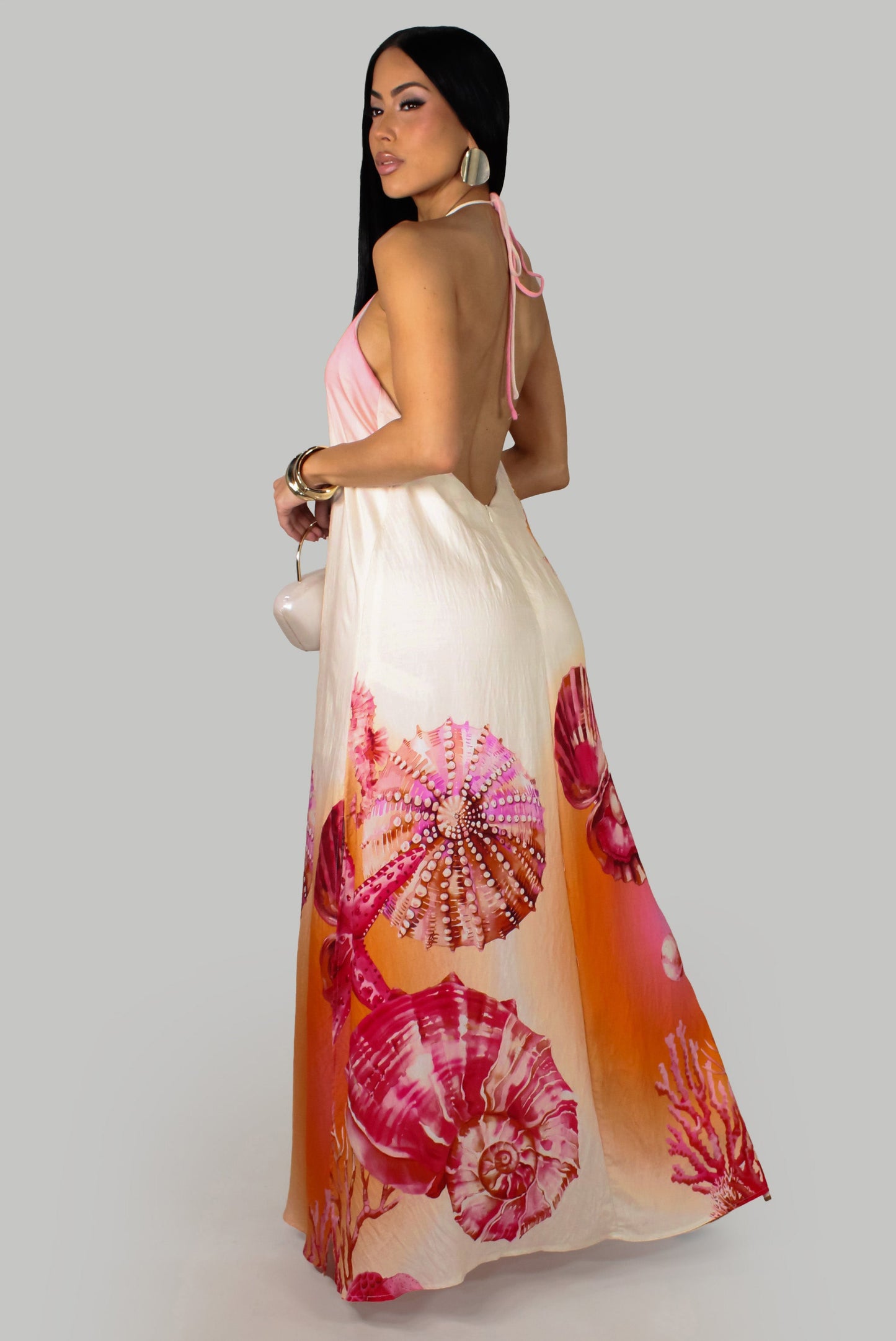 Coastal Romance Open Back Slit Maxi Dress w/ or w/o Clutch- Pink