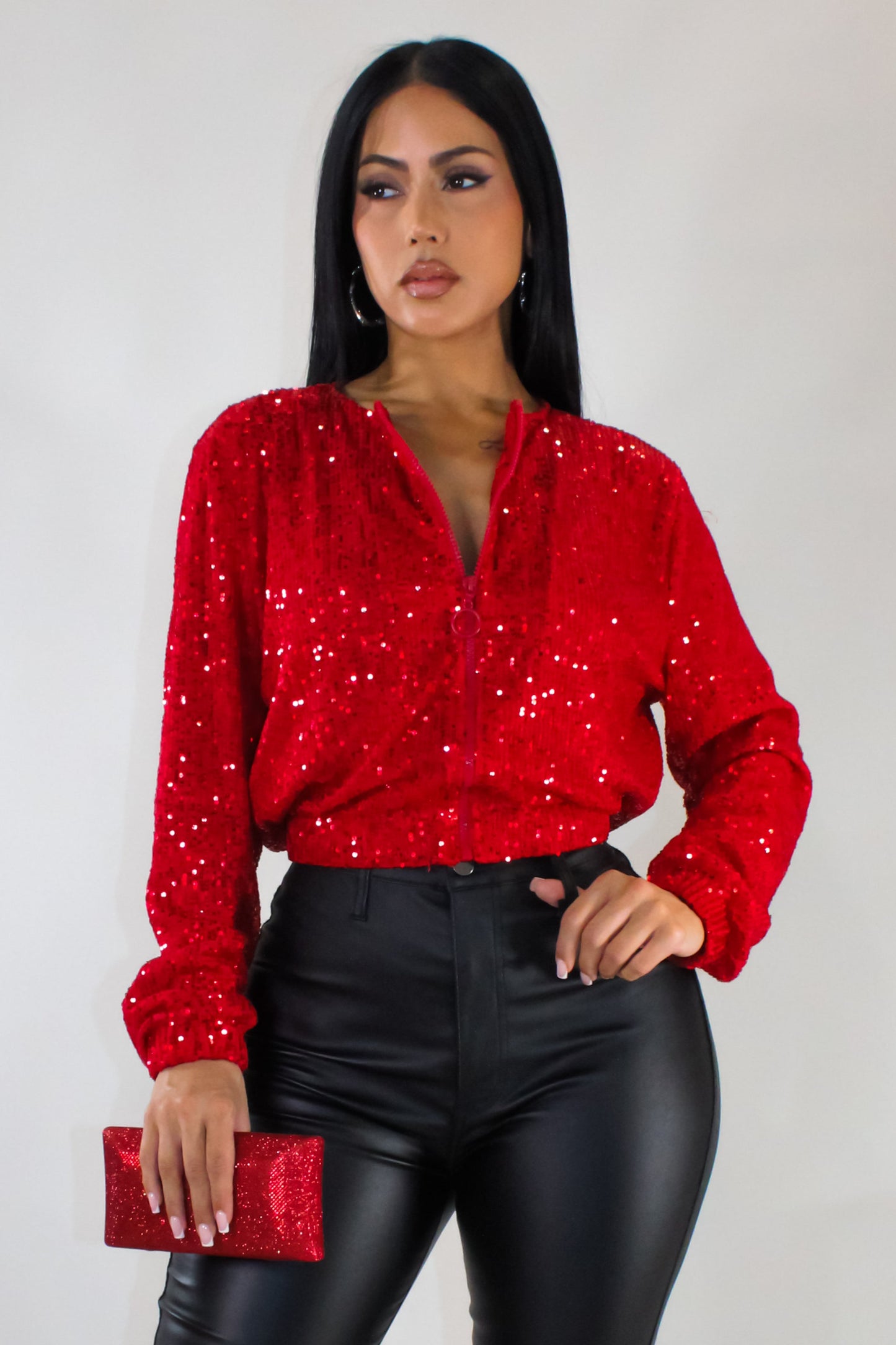 Sequin Zipped Jacket- Red