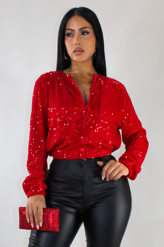 Sequin Zipped Jacket- Red