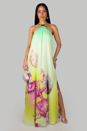 Coastal Romance Open Back Slit Maxi Dress- Lime