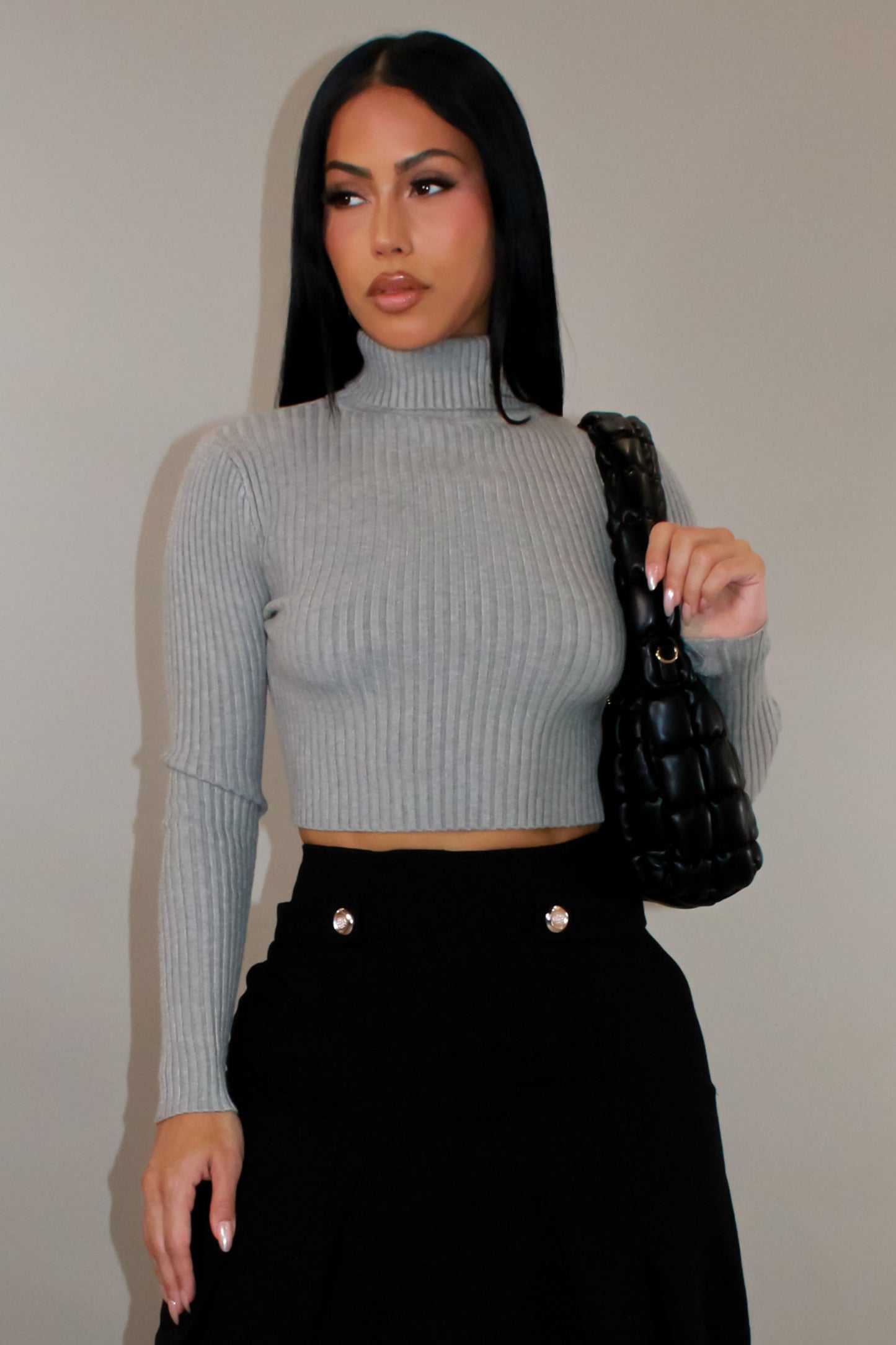 Cropped Turtle Neck Long Sleeve Top- Grey
