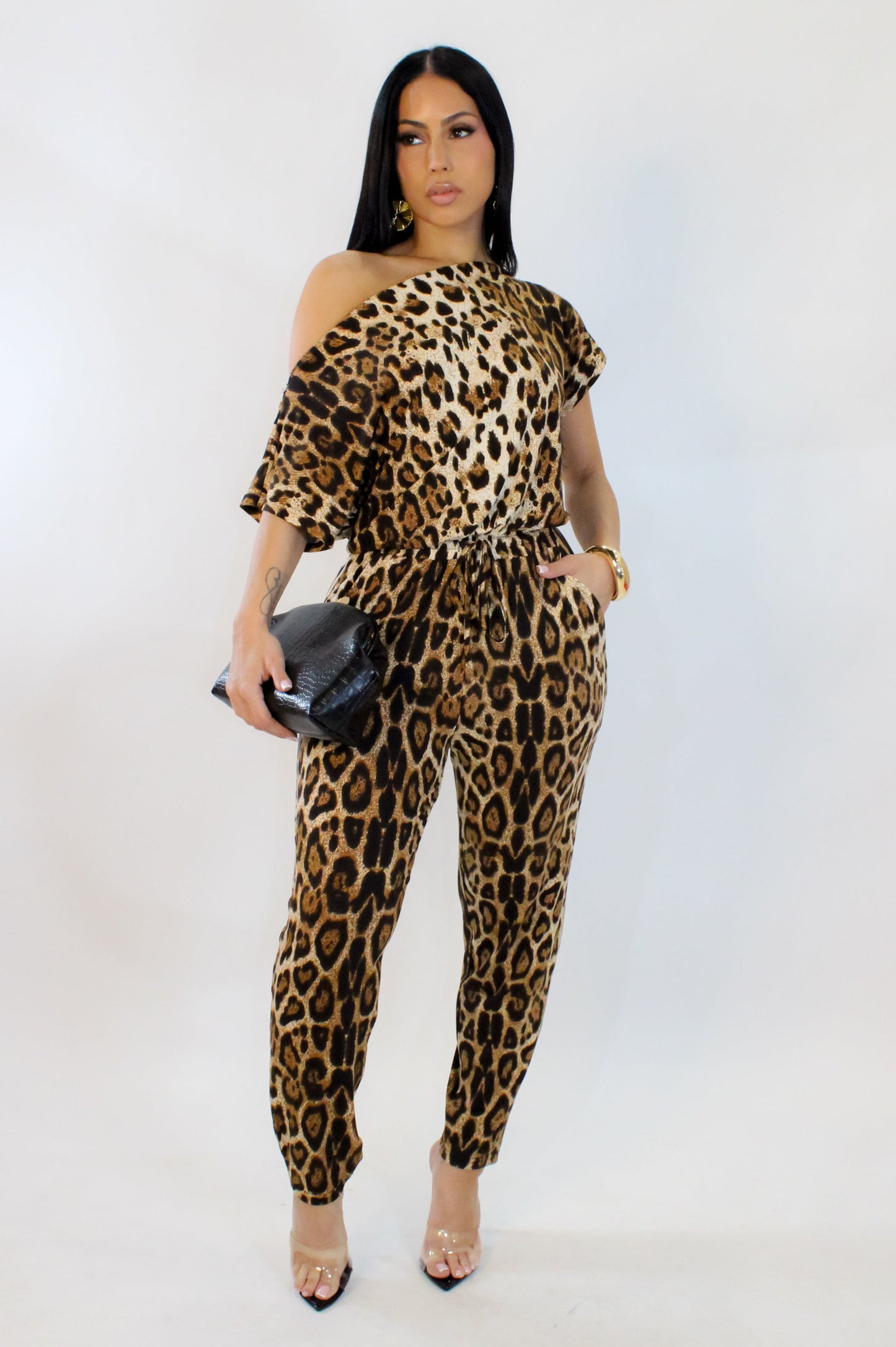 Off One Shoulder Animal Print Jumpsuit