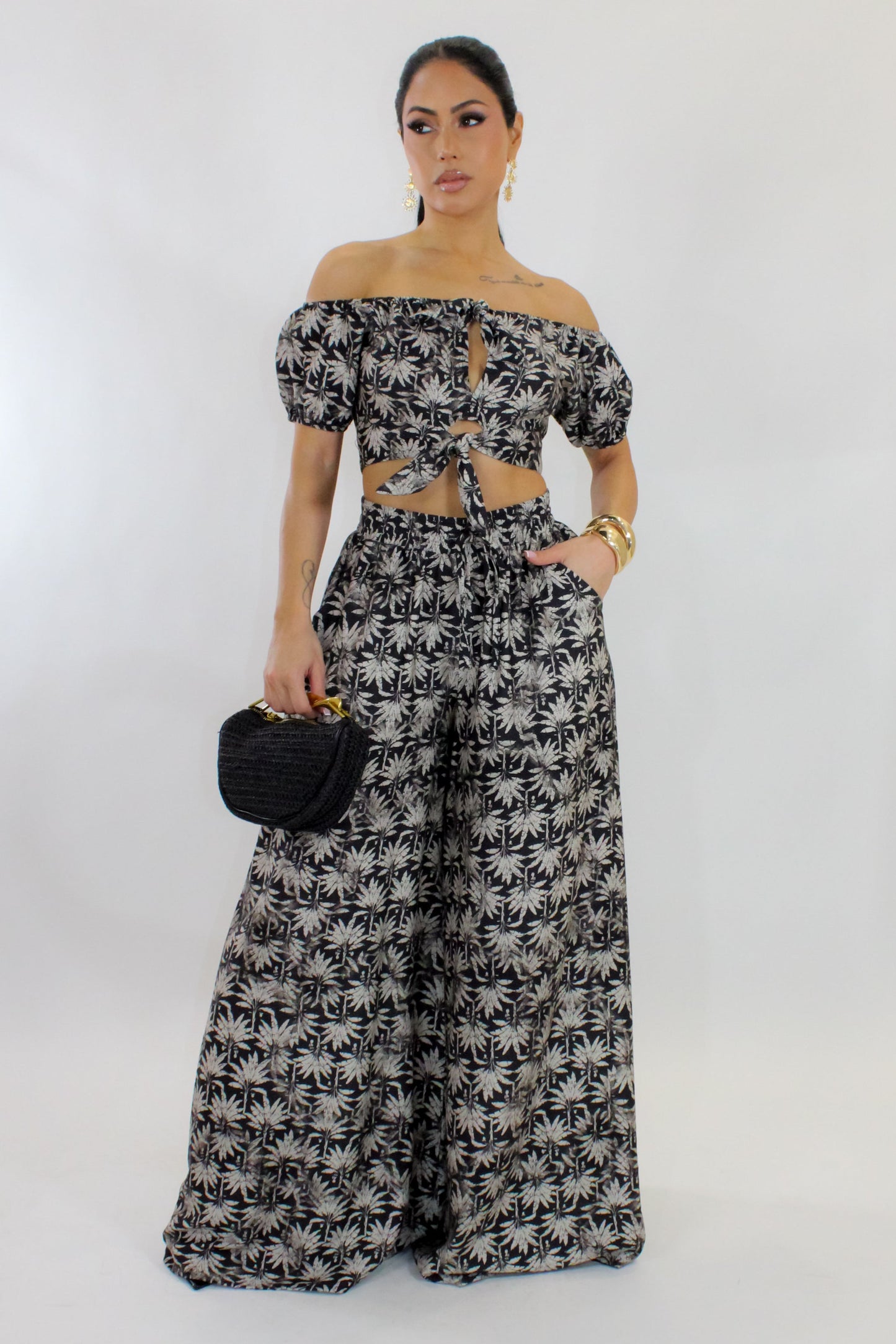 Grey Leaf on Black Pants Set