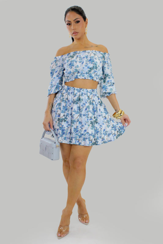 Blue & Floral Skirt Set
