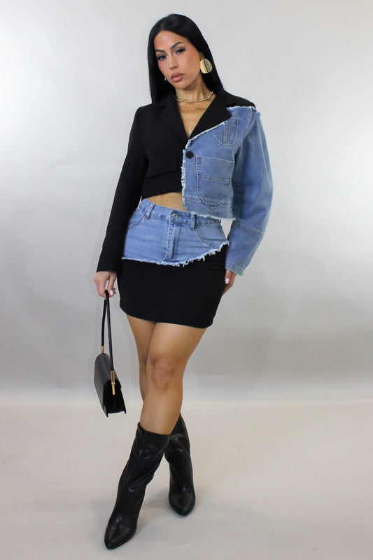 Denim & Black Skirt Set