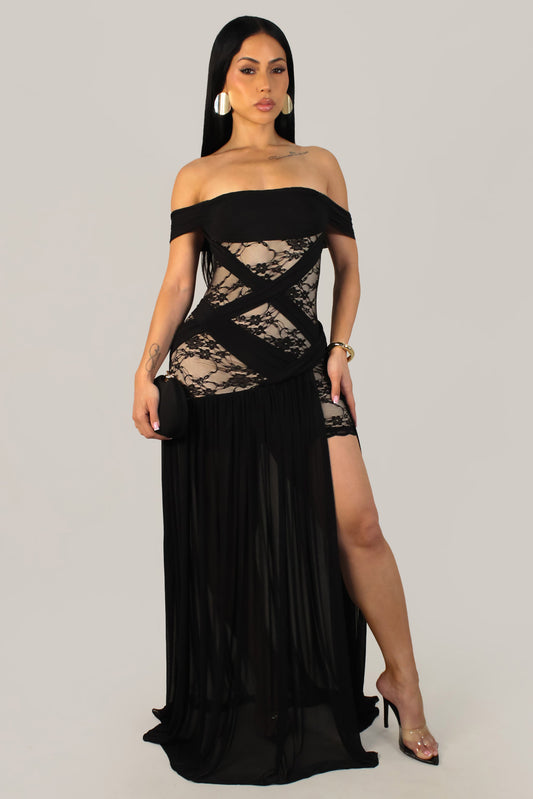 Part Lace "Dance With Me" Maxi Dress- Black