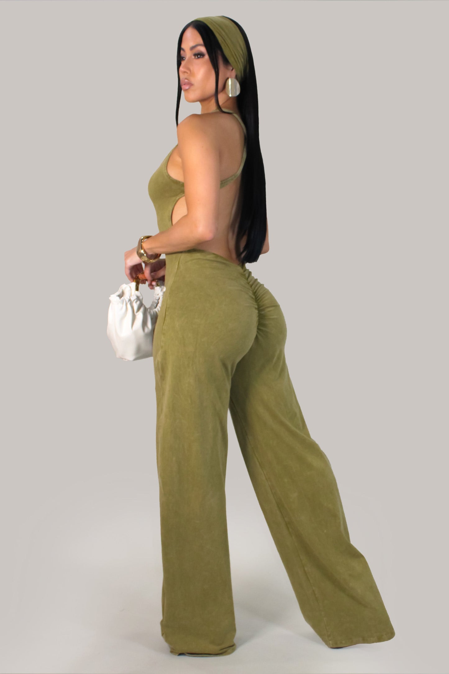 Mineral Wash Halter Open Back Jumpsuit w/ Matching Headband- Green