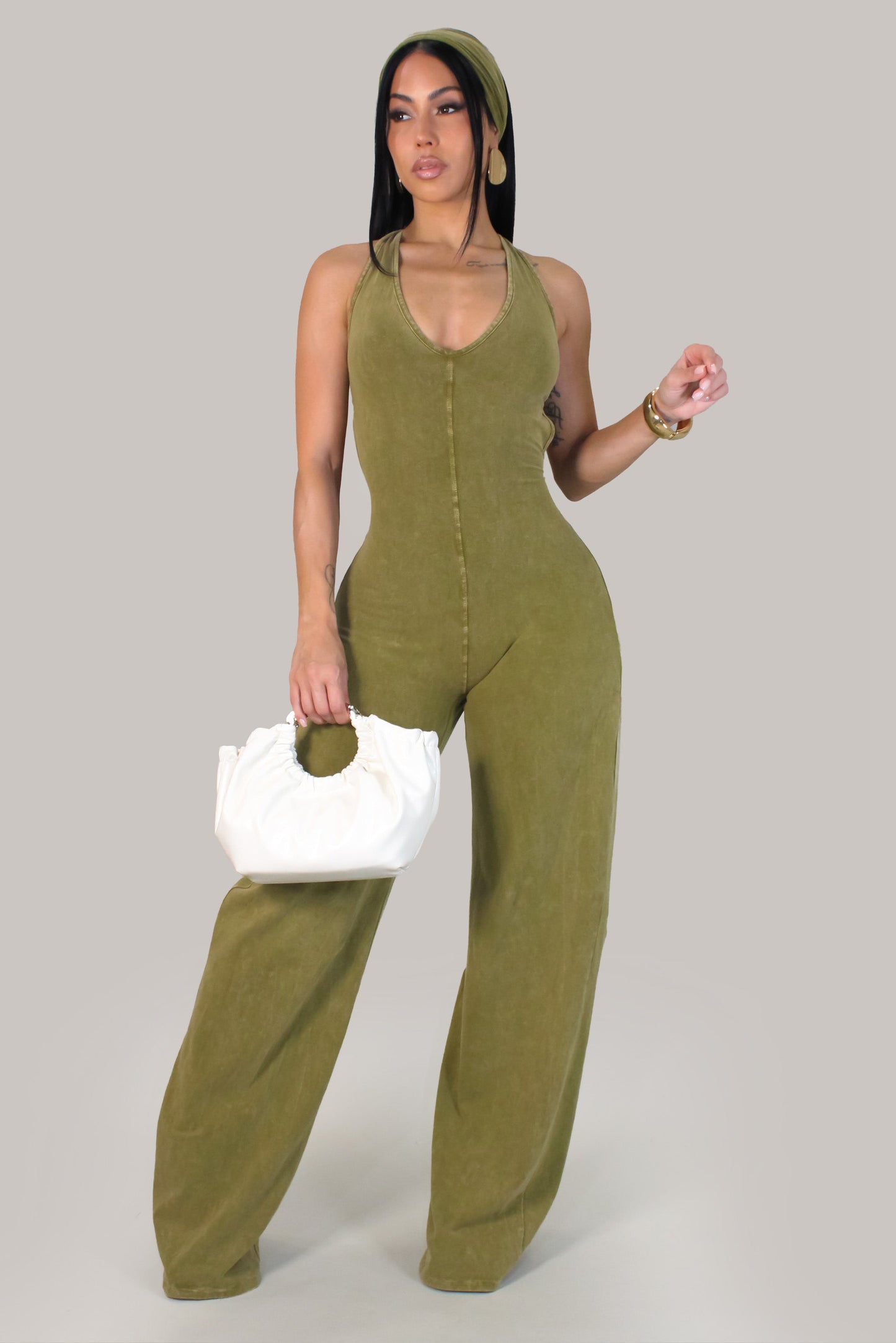 Mineral Wash Halter Open Back Jumpsuit w/ Matching Headband- Green