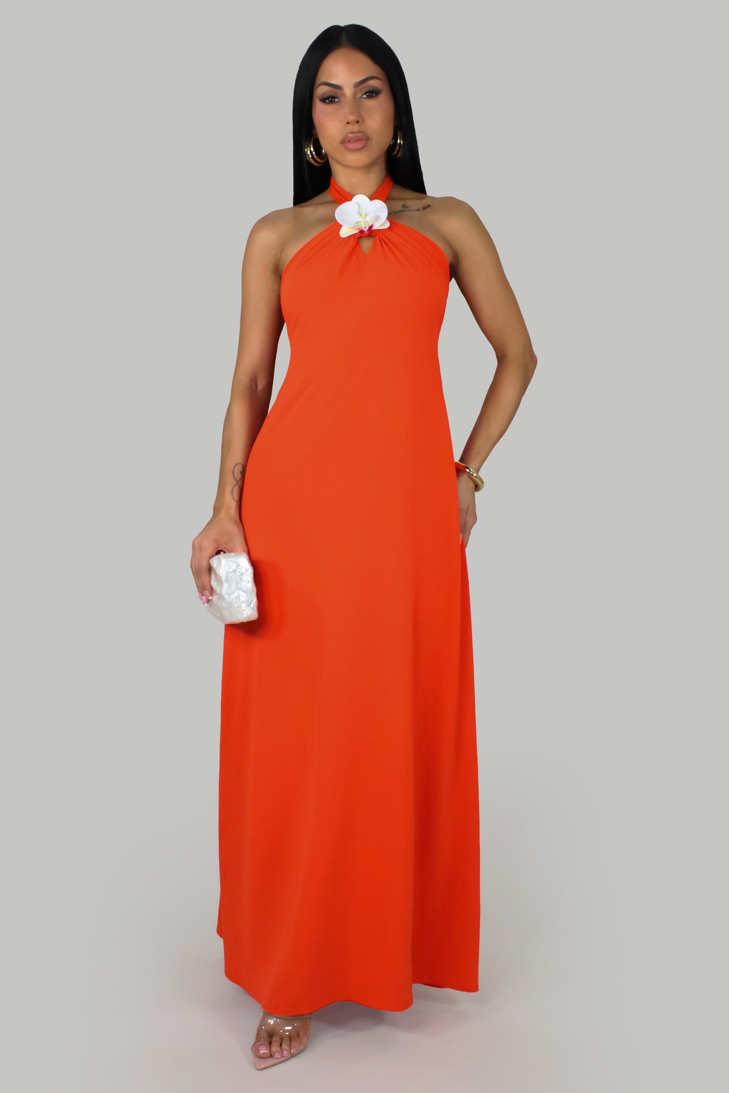 Flower Bloom Halter Dress- Orange