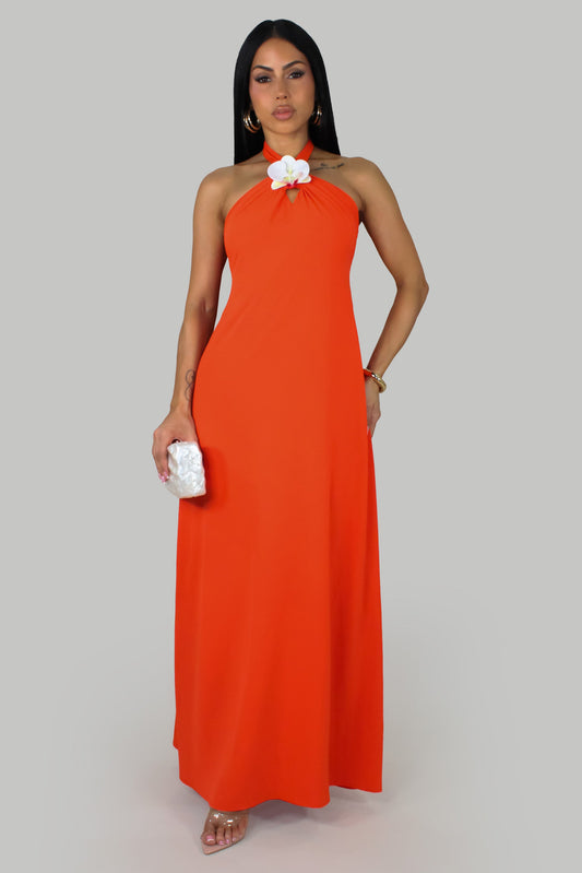 Flower Bloom Halter Dress- Orange