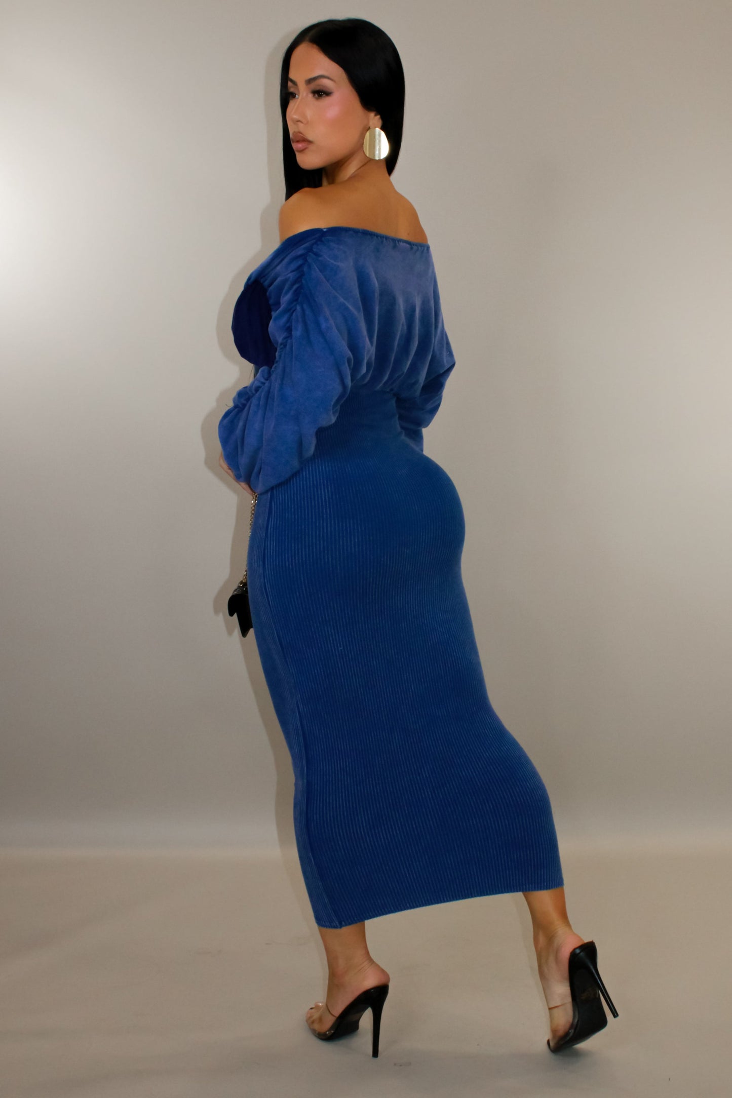 Timeless Ribbed Off the Shoulder Midi Dress- Blue
