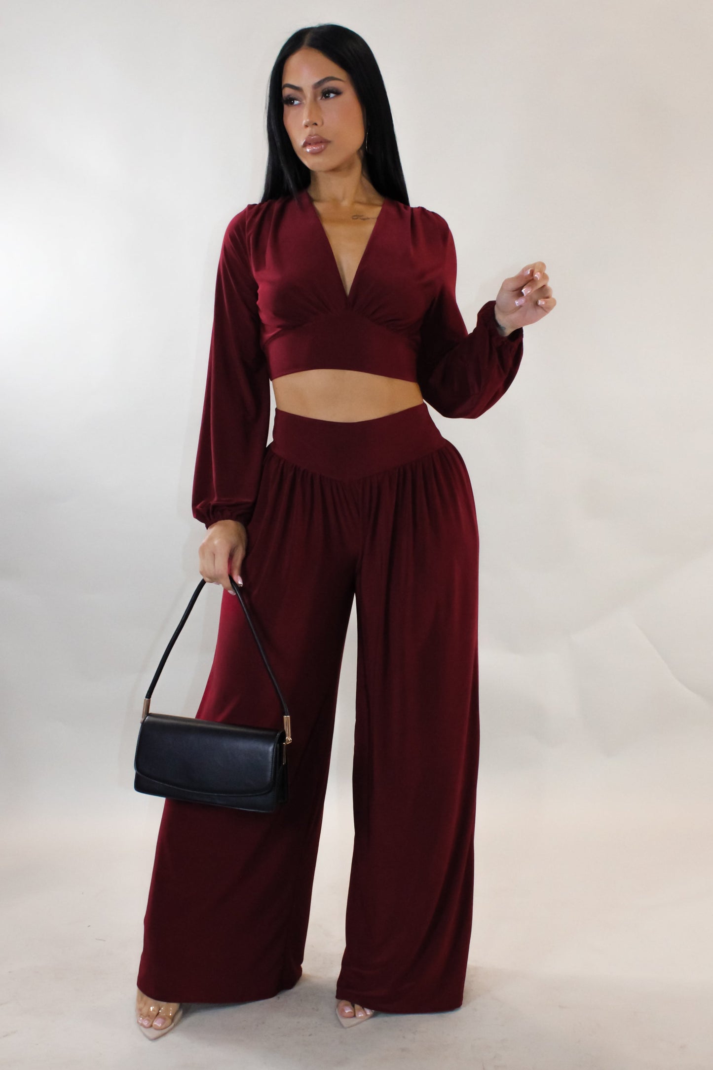 Loose Trousers & Cropped Long Sleeve Top- Red