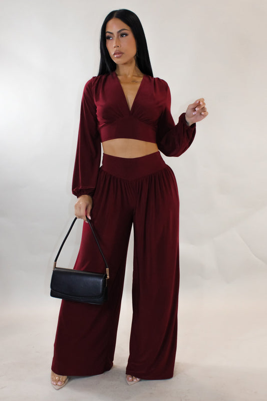 Loose Trousers & Cropped Long Sleeve Top- Red