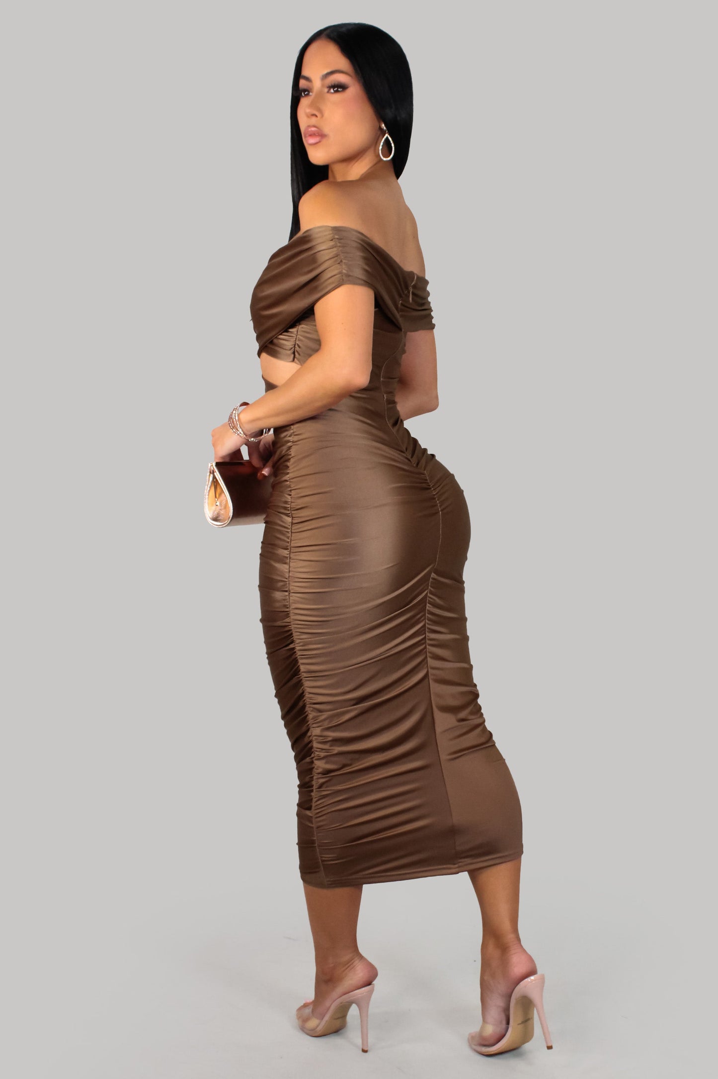 Sweet as Me Ruched Midi Dress- Brown