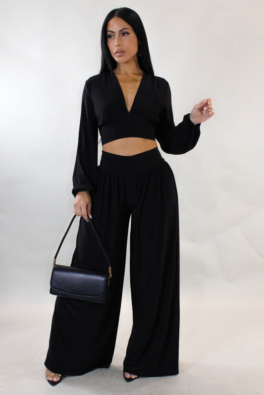Loose Trousers & Cropped Long Sleeve Top- Black