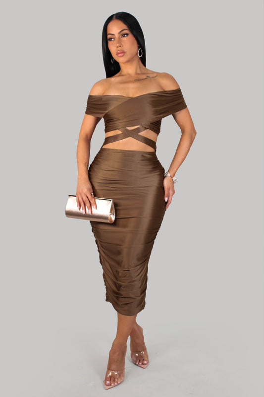 Sweet as Me Ruched Midi Dress- Brown