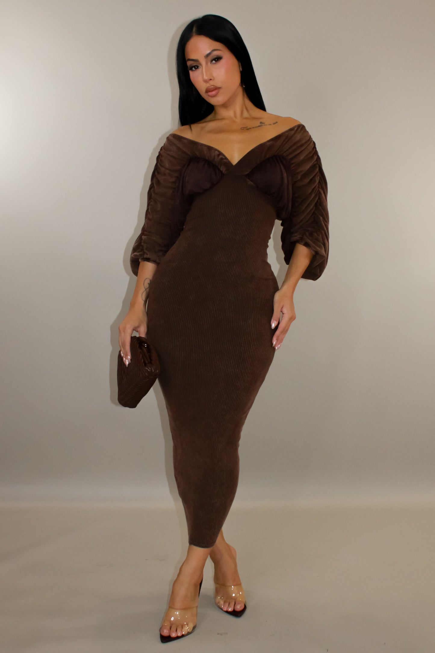 Timeless Ribbed Off the Shoulder Midi Dress- Brown