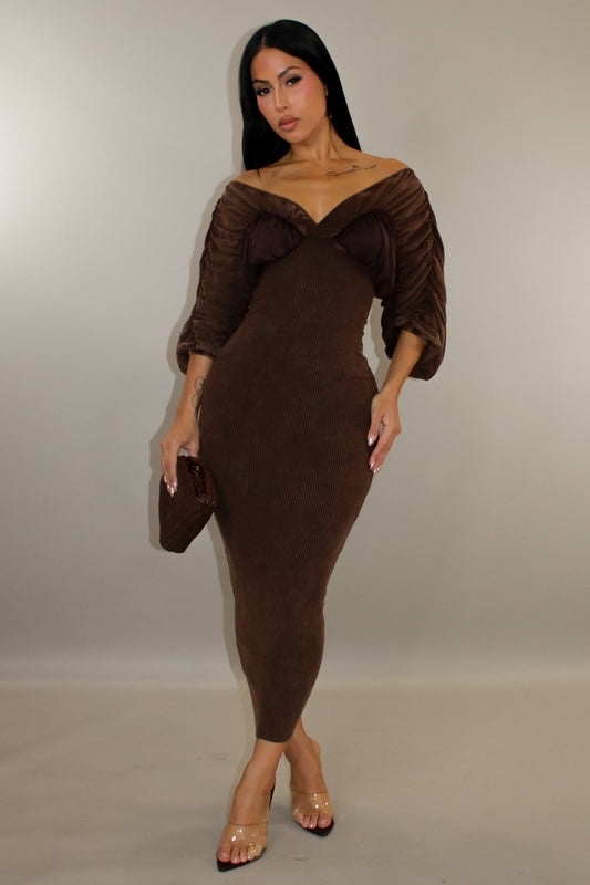 Timeless Ribbed Off the Shoulder Midi Dress- Brown