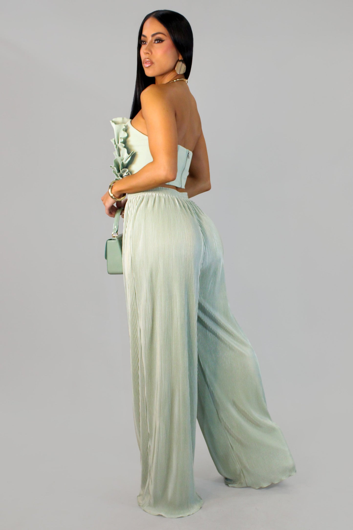 Exotic Pleated Pants Set- Mint
