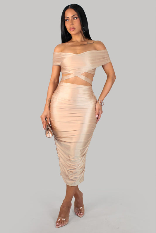 Sweet as Me Ruched Midi Dress- Champagne