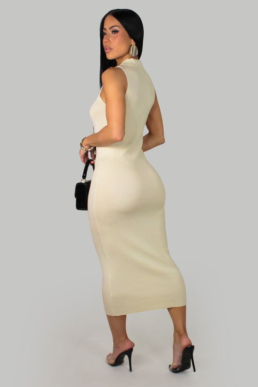 Chique Dress w/ Neck Tie- Beige