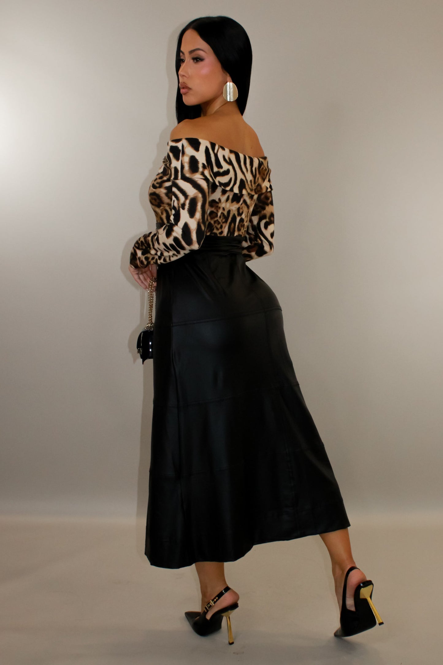 Color Contrast Midi Off Shoulder Slit Dress- Animal Print