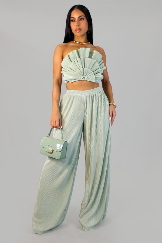 Exotic Pleated Pants Set- Mint