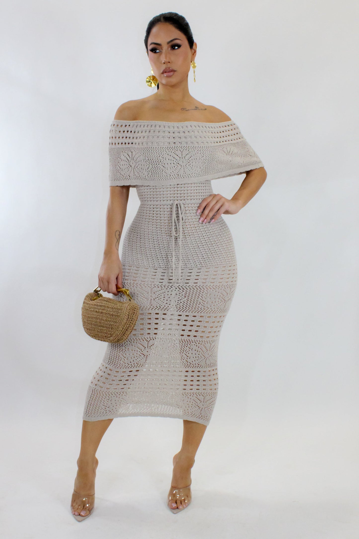 Off the Shoulder Beach Crochet Midi Dress- Taupe