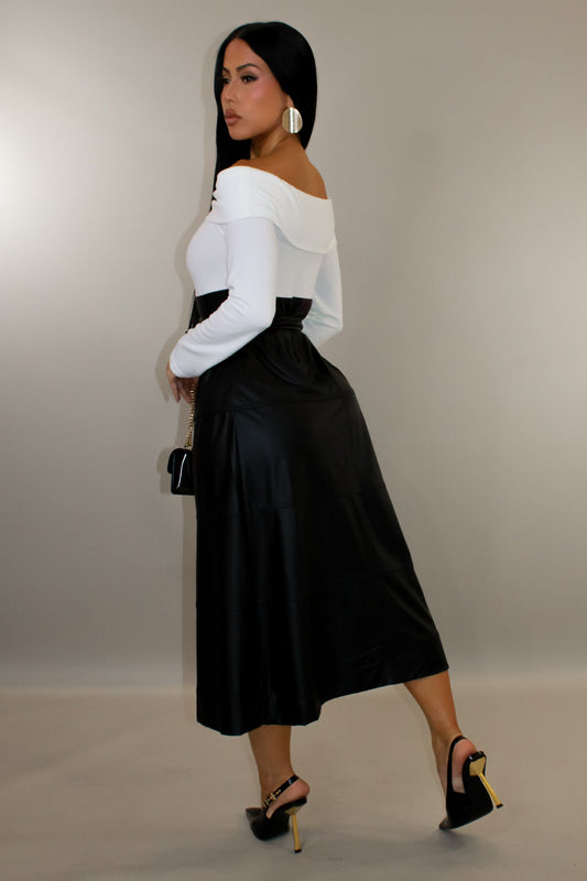 Color Contrast Midi Off Shoulder Slit Dress- White