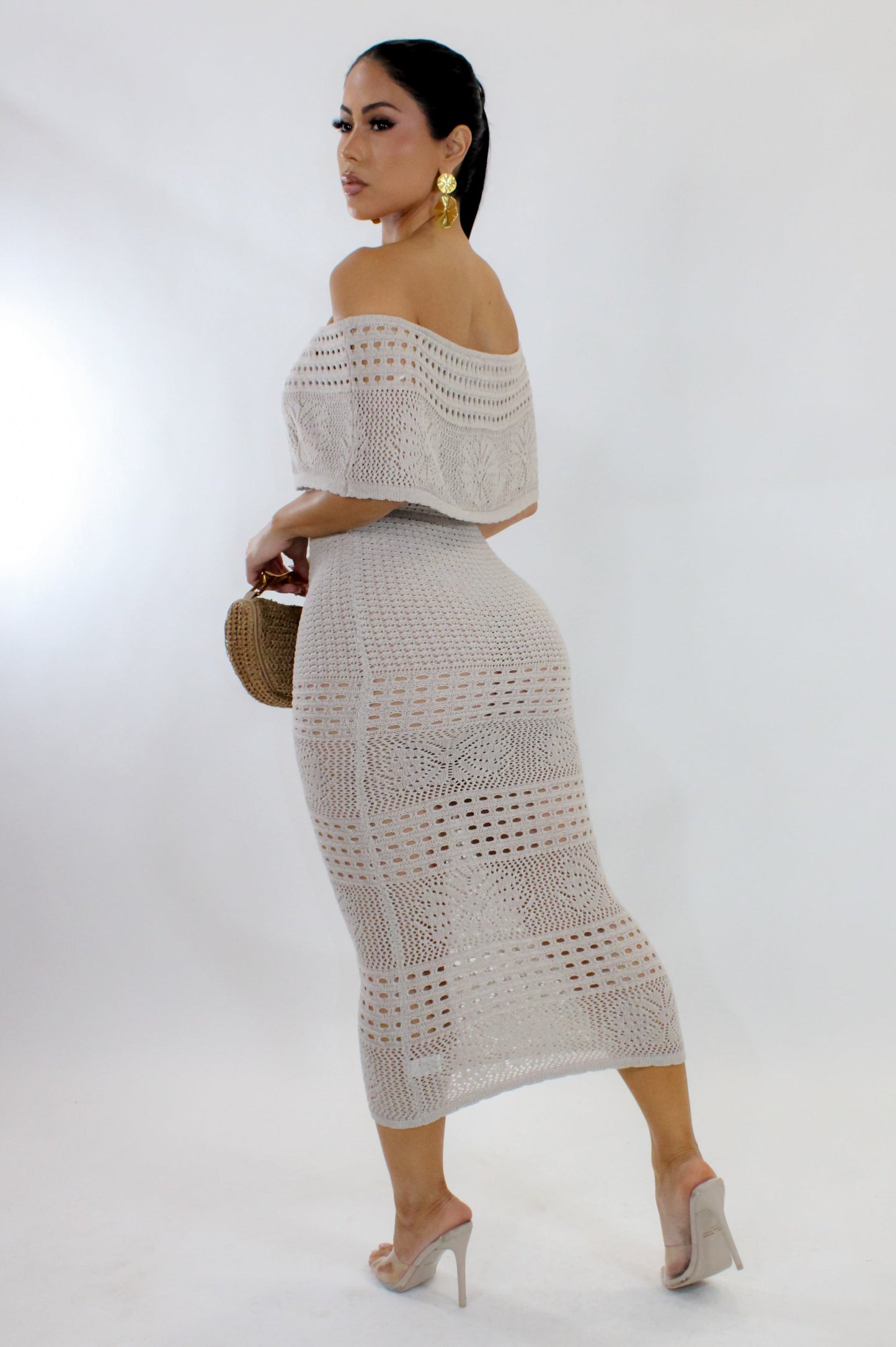 Off the Shoulder Beach Crochet Midi Dress- Taupe