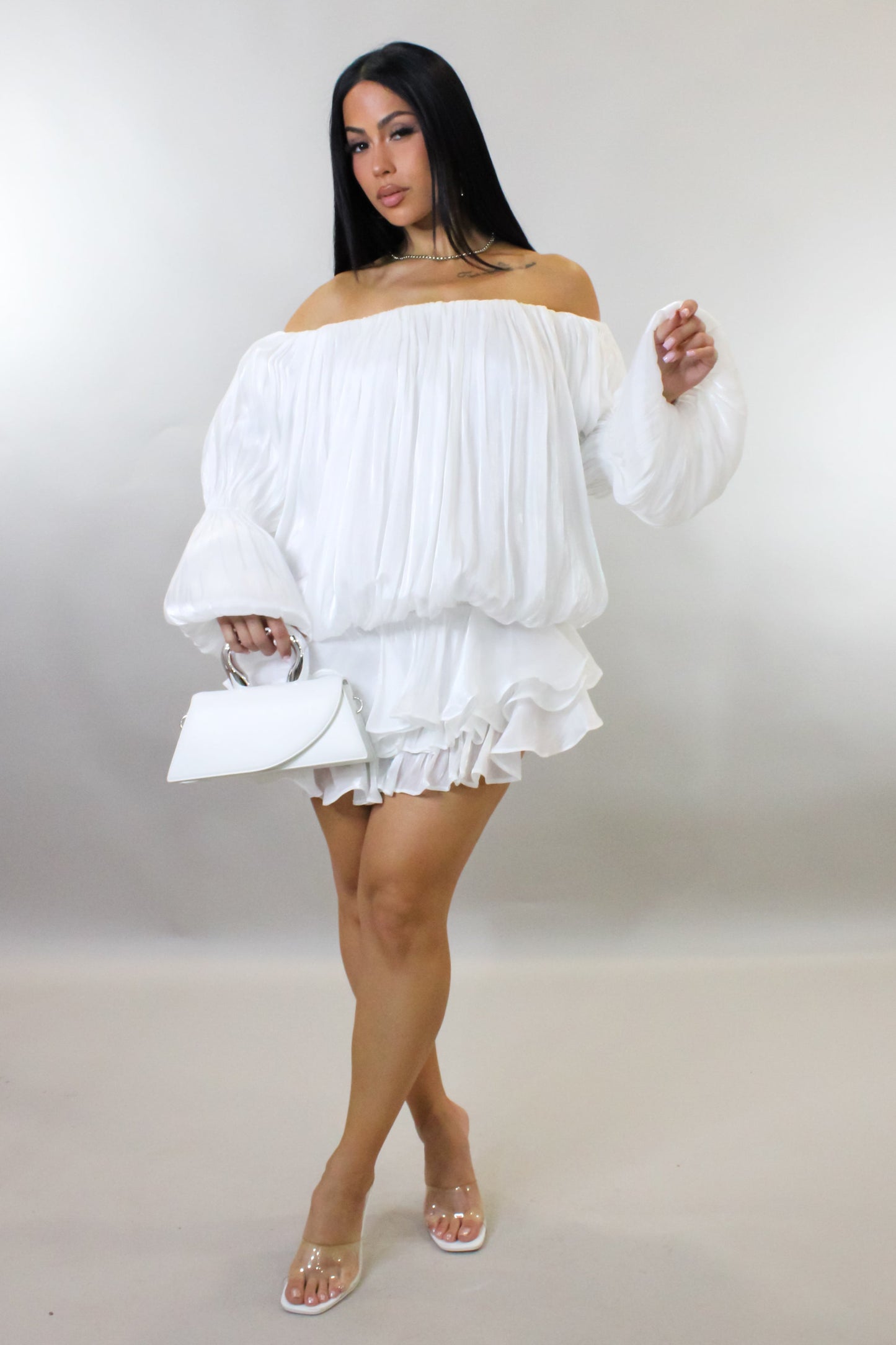 Uptown Thrills Pleated Mini Flare Dress- White