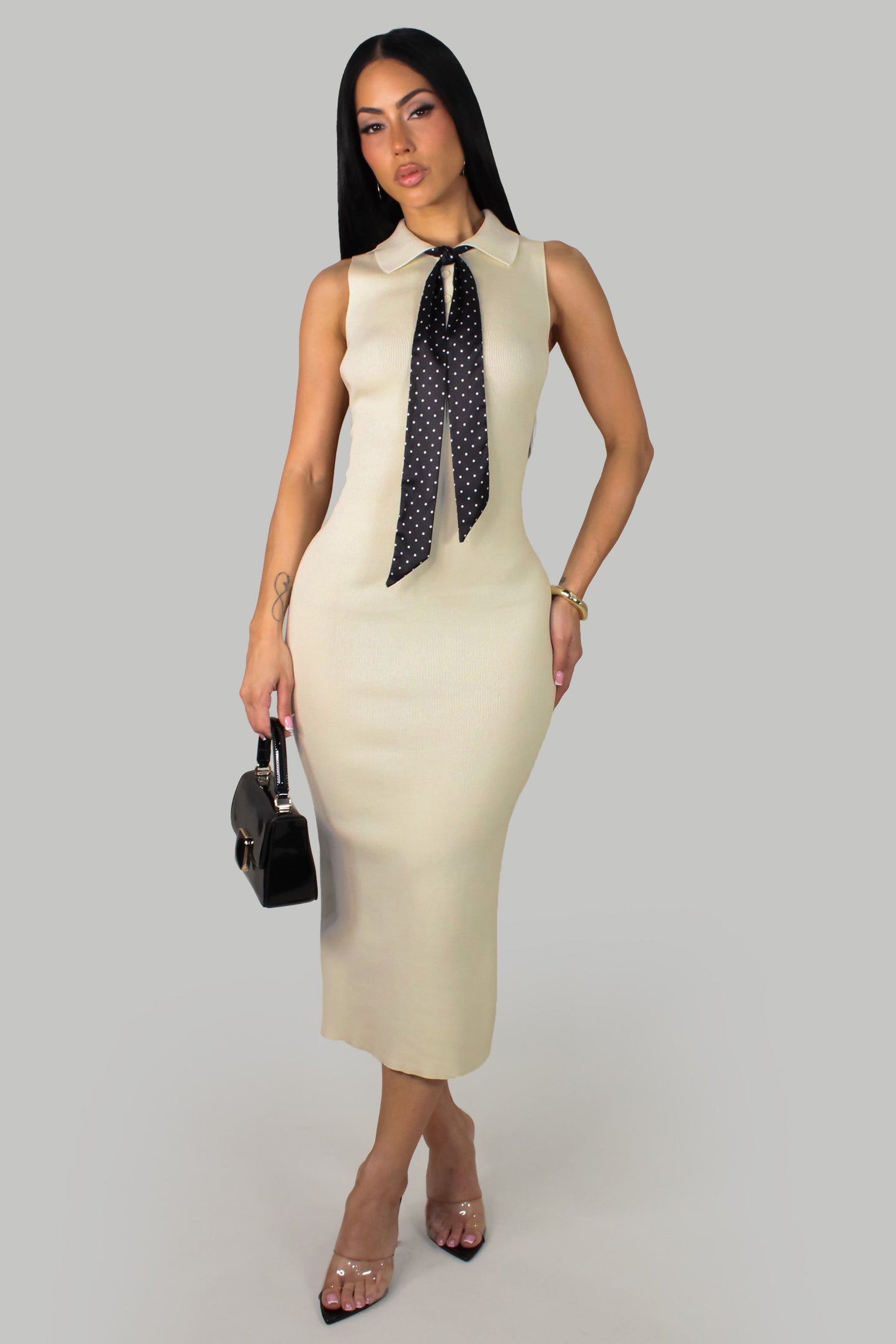 Chic Dress w/ Neck Tie- Beige