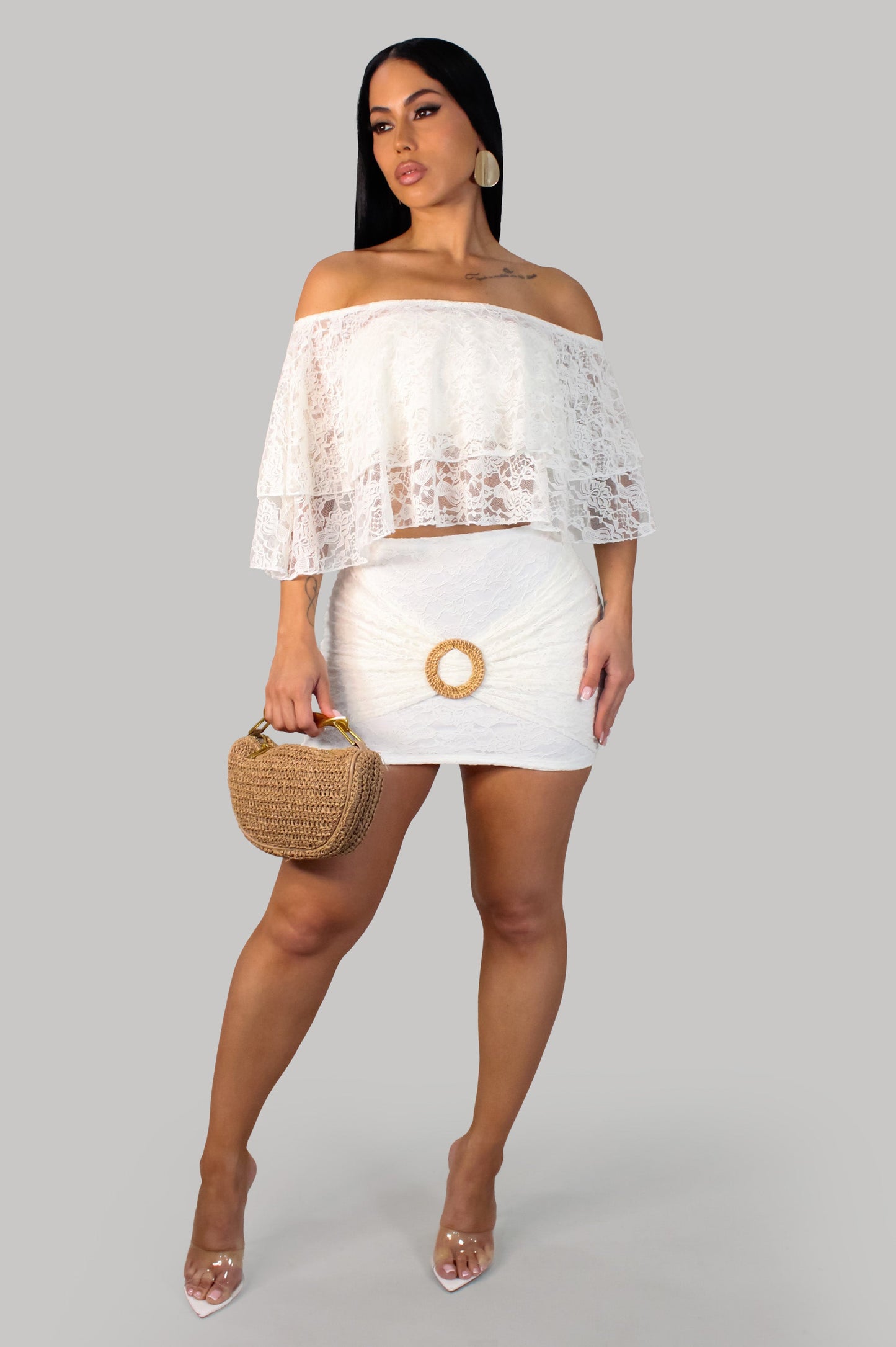 Playful Mirage Lace Skirt Set- White