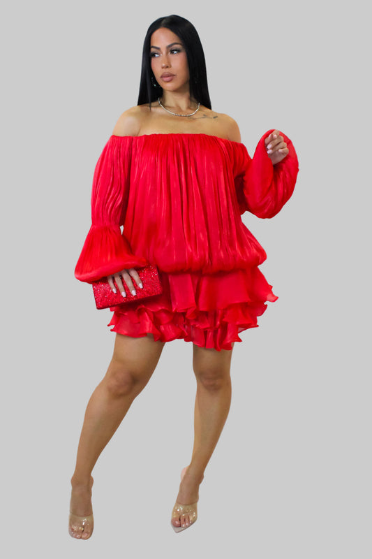 Uptown Thrills Pleated Mini Flare Dress- Red