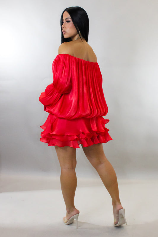 Uptown Thrills Pleated Mini Flare Dress- Red