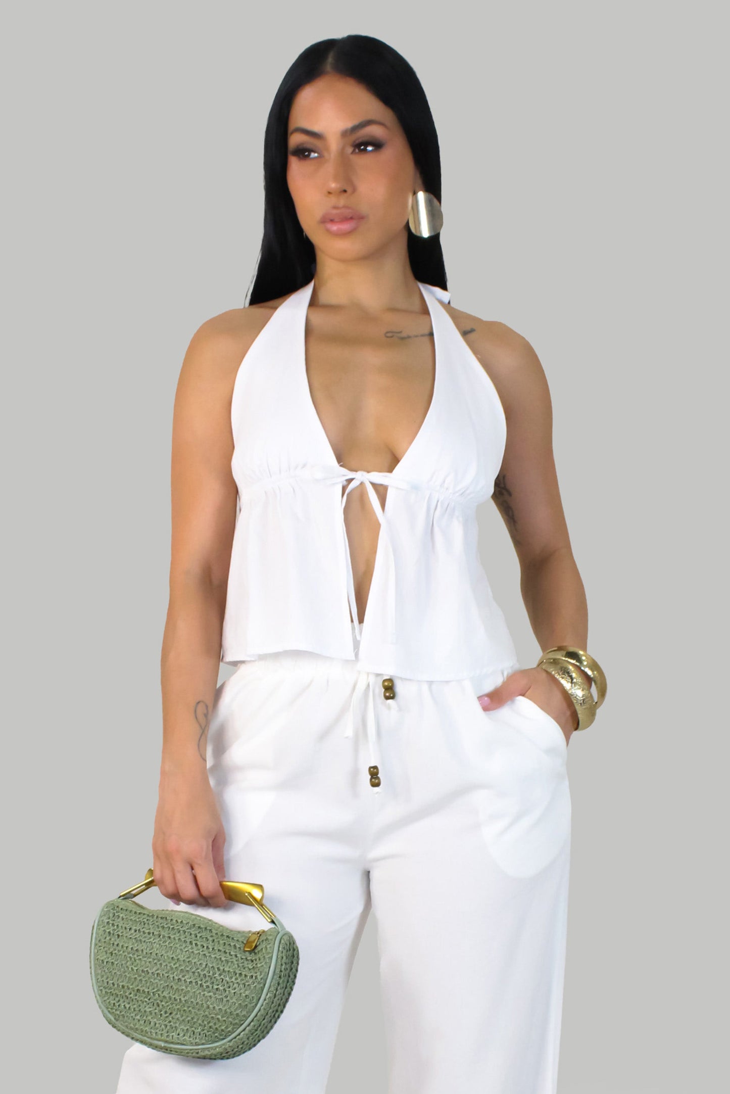 Soleil Halter Neck Open Back Top- White