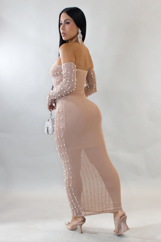 Pearls on Pearls Maxi Dress- Nude