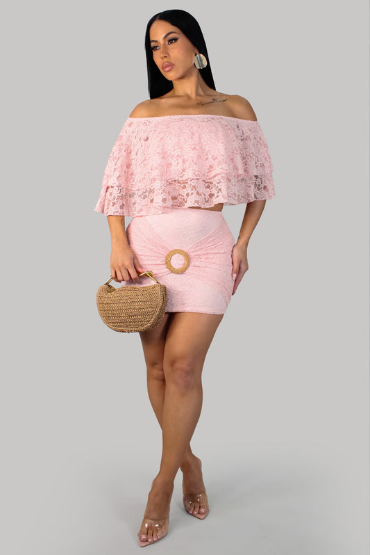 Playful Mirage Lace Skirt Set- Pink