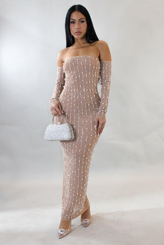 Pearls on Pearls Maxi Dress- Nude
