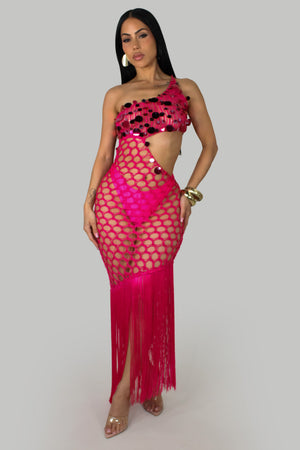 Fuchsia Crochet Fringe Swimwear Dress & Underwear Set