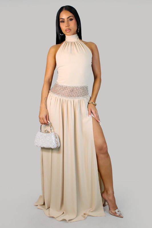 ATTITUDE Pearl & Crystal Embellished Nude Maxi Dress